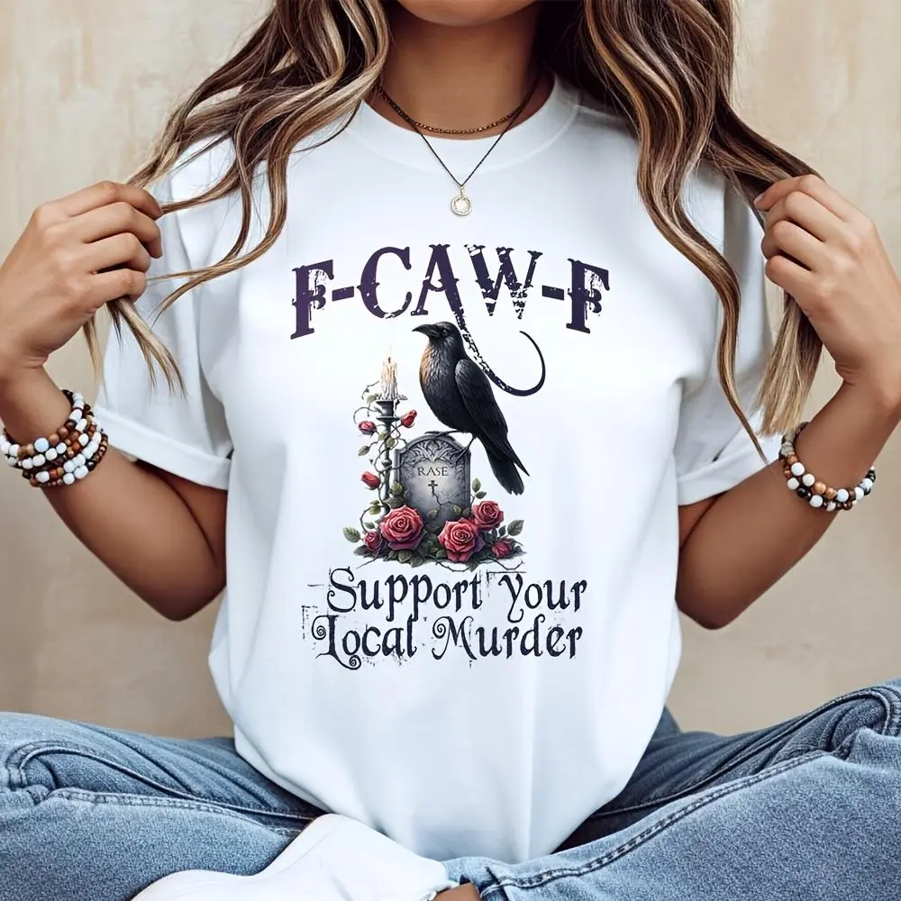 F-Caw-F Crow Tombstone Roses Graphic T-Shirt, Gothic Halloween Horror Theme, Casual Streetwear Party Top