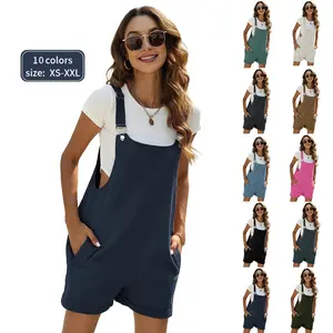 Mundoven Women's Cotton Linen Short Overalls Casual Summer Bib Shortalls with Pockets