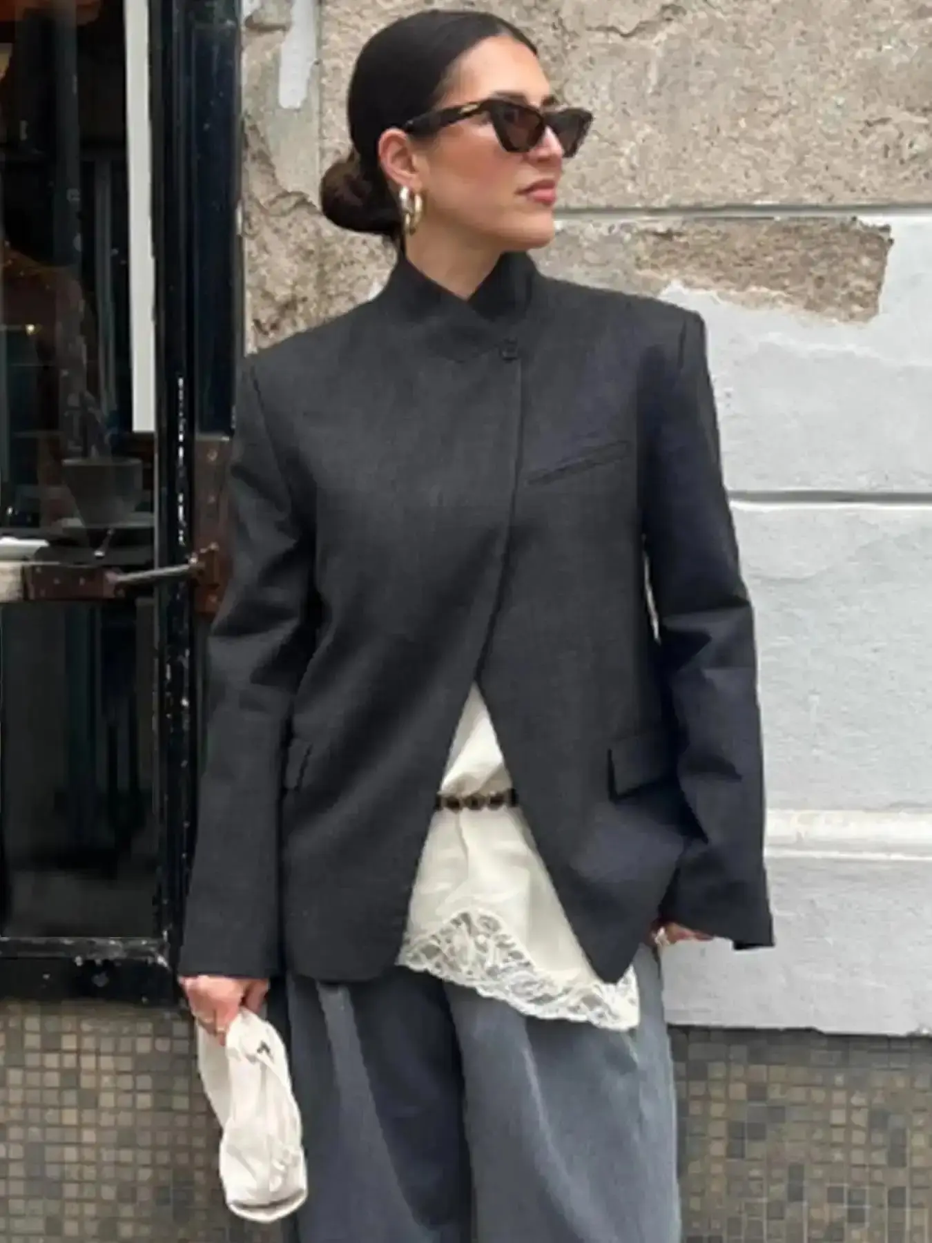 Dark Gray Asymmetric Coat Women's Jacket Spring 2026 Old Money Stand Collar Long Sleeve Button Blazer Quiet Office Commutes & Business Meetings Outerwears Essential Square Neck Gift for Her Party Dress Soft Fabric, new arrival