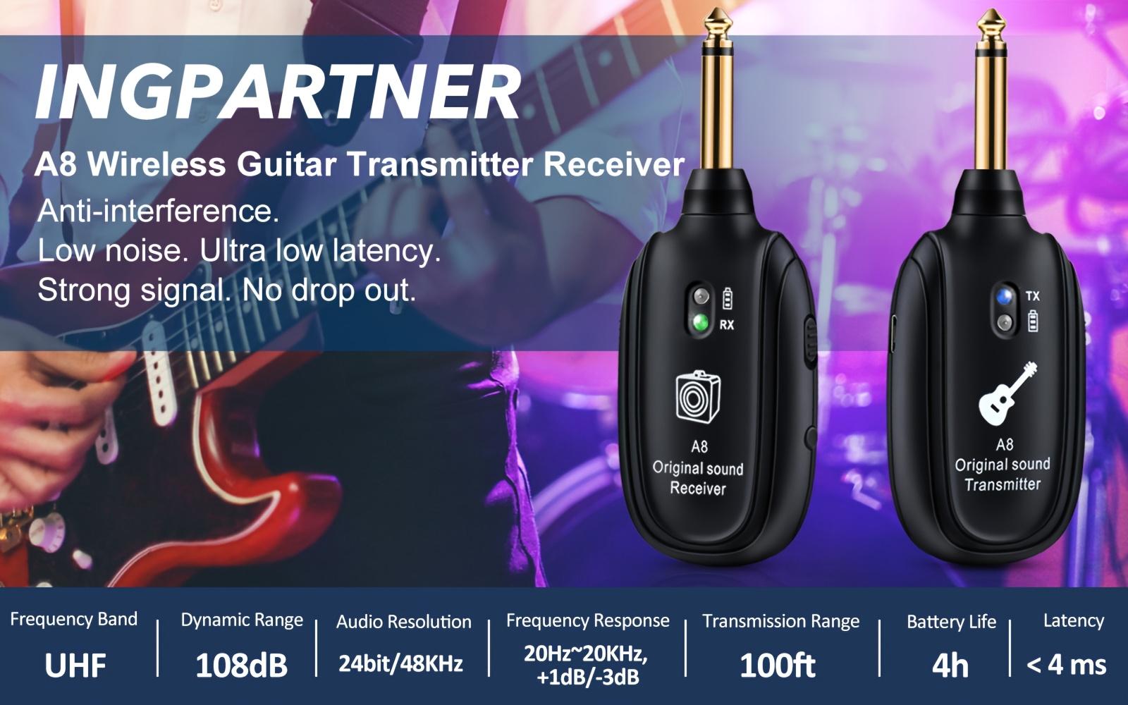 A8 Wireless Guitar System UHF 2 Modes, Rechargeable Li-Battery, 100ft Range, Plug & Play for Guitar, Bass, Violin, Keyboard - Black