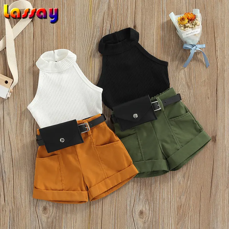 Toddler Girls 3PCS Summer Outfits, Sleeveless Halter Tops + Shorts + Waist Bag Set