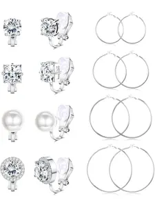 8 Pairs Clip on Earrings for Women Fashion Clip on Hoop Earrings CZ Pearl Clip Stud Earrings Silver Gold Women Clip on Earrings Set Non Pierced Fake Earrings