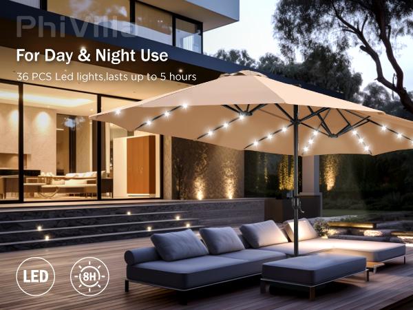 [8 Color] PHI VILLA 15 ft Double-Sided Outdoor Umbrella with Crank, Steel Pole, 100% Polyester Fabric, Durable Base Included, Iron Ribs Patio Stand Modern Design