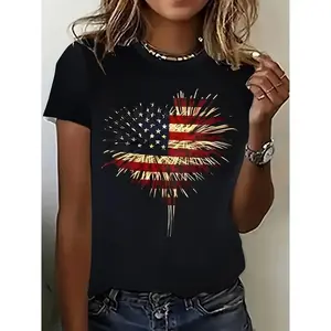 Women's Patriotic American Flag Print T-Shirt – Casual Crew Neck, Short Sleeve, Vibrant Stars & Stripes Design, All-Season Comfort, Ideal for 4th of July, Memorial Day & Everyday Wear, Machine Washable Easy-Care Fabric