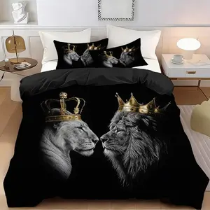 2/3 Pcs Lion ,Queen Duvet Set,Soft,Breathable 100% Polyester Fiber,High-Definition Digital Printing,Suitable For All Seasons!Perfect Gift,Suitable For Family,Machine Washable(1 Duvet Cover+1/2 Pillowcase,No Filling)