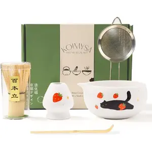Cute Matcha Whisk Set with Cat and Strawberry Pattern Matt Matcha Bowl, 5PCS Traditional Bamboo Whisk Kit, Chasen and Chashaku, White