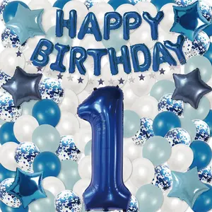 80PCS Blue 1st Birthday Balloon Set Number 1, Blue & White Balloons, Confetti & Star Foils