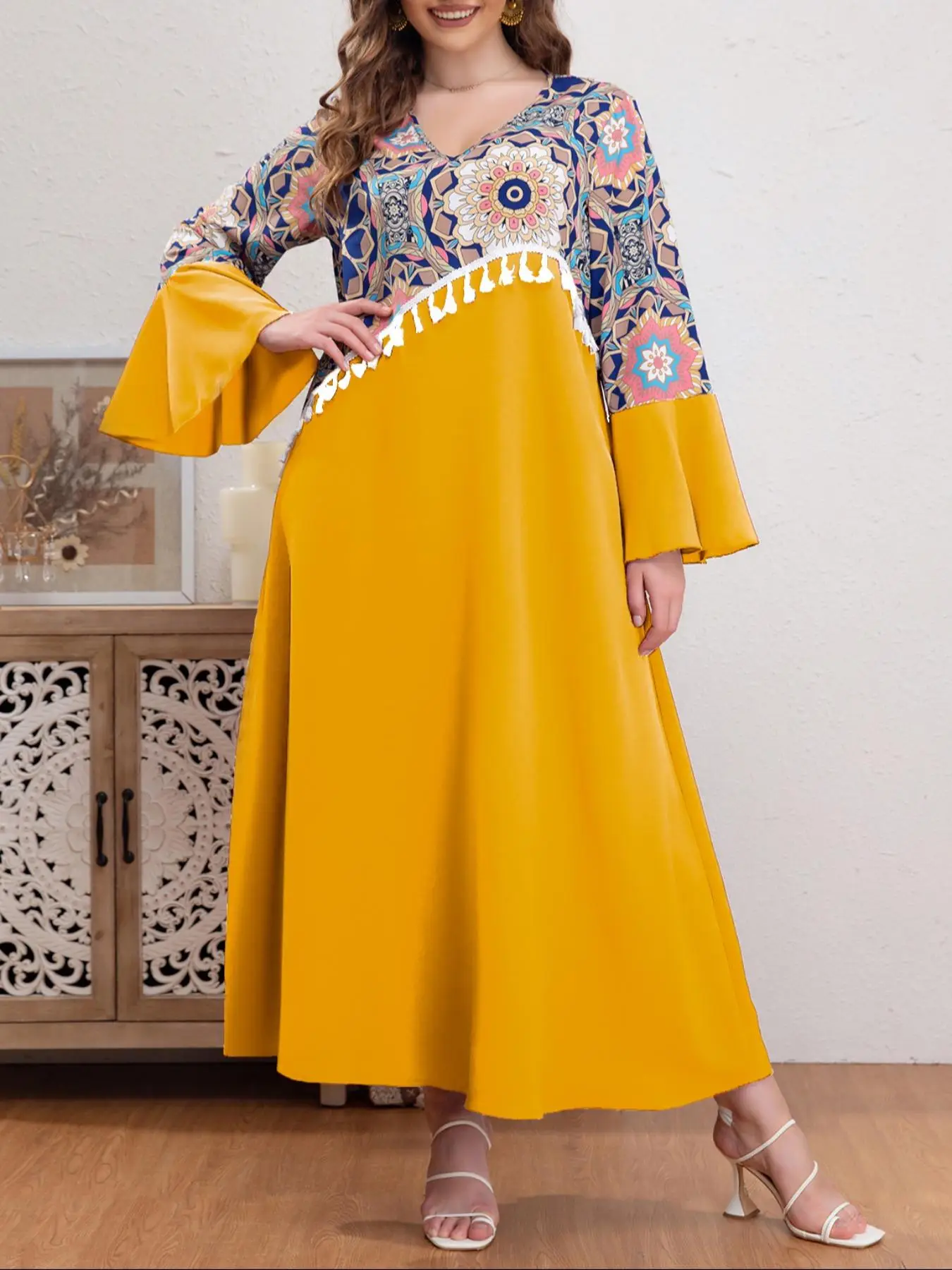 Plus Size Ethnic Pattern Flounce Sleeve Tunic Dress, Elegant V Neck Fringe Trim Long Sleeve Dress For Women, Ladies Dress For Fall & Winter