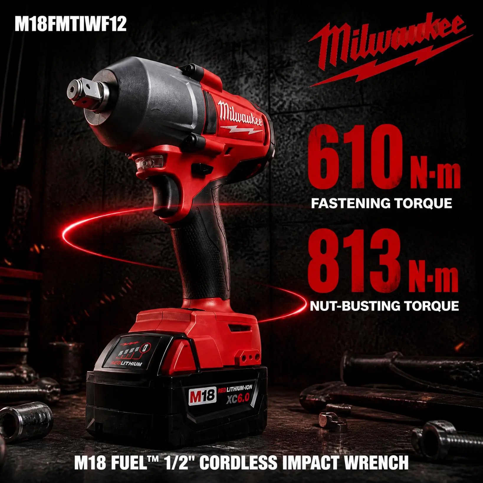 Milwaukee M18 FUEL 1/2" Mid-Torque Impact Wrench (M18FMTIWF12), 610 Nm Max Fastening Torque, 813 Nm Nut-Busting, with Friction Ring, for Auto Repair & Construction