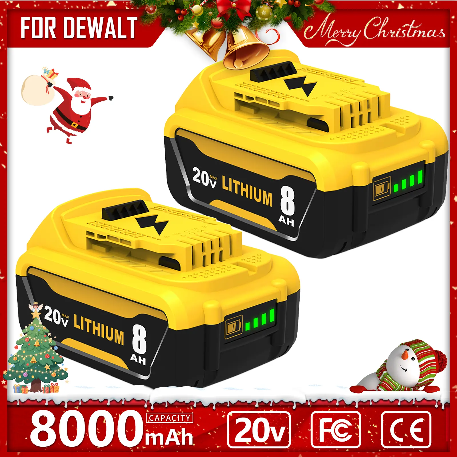 2 Pack 8.0Ah Lithium Ion Replacement for Dewalt 20V Battery 8000mAh MAX DCB200 DCD/DCF/DCG/DCS High Capacity Long Lasting Portable Devices 20V 8AH lithium-ion power tool high-capacity powertools #fathersdaygift