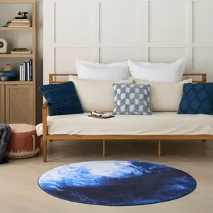 Nourison Imagination Moon Round Blue Print Kids Area Rug - 5' Size, Machine Wash, Non-Slip, for Kid Room, Bedroom, Washable Indoor Use
