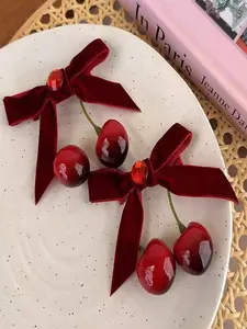 Women's Cherry Hair Clips with Rhinestone, Velvet Bowknot Edge Claw Clips, Elegant Hair Barrettes, School & College Accessories