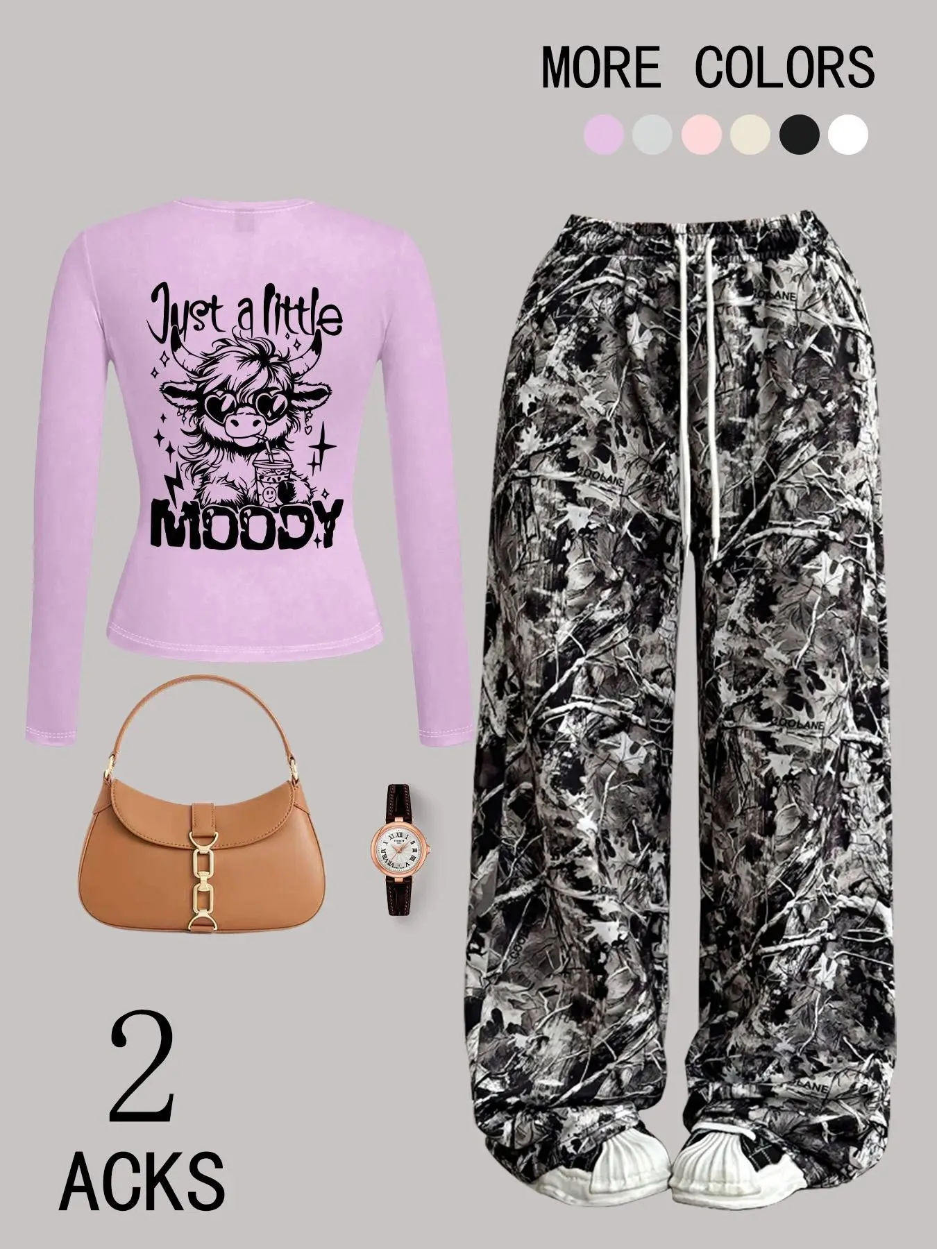 Women's 2-Pack "Just a Little Moody" Highland Cow Print Long Sleeve Top & Camo Wide Leg Pants Set, Pants Loungewear Set, Soft Stretchy Fabric, Casual Daily Streetwear, White Black Purple Grey Beige Pink Available