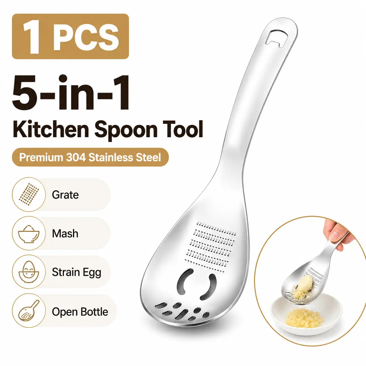 Multifunctional Practical Food-Grade Stainless Steel 5-in-1 Grinding Spoon - 5-in-1 Tools Kitchen Gear, Garlic Ginger Puree Maker, Slotted Strainer, Food Masher - Time-Saving Meal Prep Home Kitchen Gadget, Party Gift