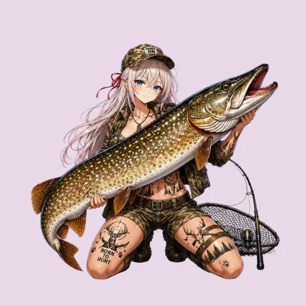 Anime Alya Muskie Fishing Sticker, Giant Muskie Catch Vinyl Decal, Camo Fishing Girl Waterproof Sticker, Gift for Anglers