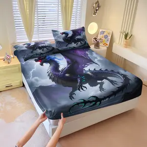 Dragon-themed 3 Pcs fitted sheet set, including 2 coreless pillowcases, strong wrapping, the giant flying dragon design, combined with a natural wonder background, creates a magnificent & epic feel, perfect for a boy's bedroom, multiple styles available.