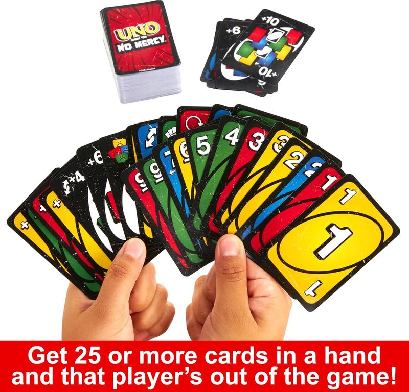 uno mercy Mattel Games UNO Show ‘em No Mercy Card Game in Storage & Travel Tin for Kids, Adults & Family Night with Extra Cards, Special Rules & Tougher Penalties