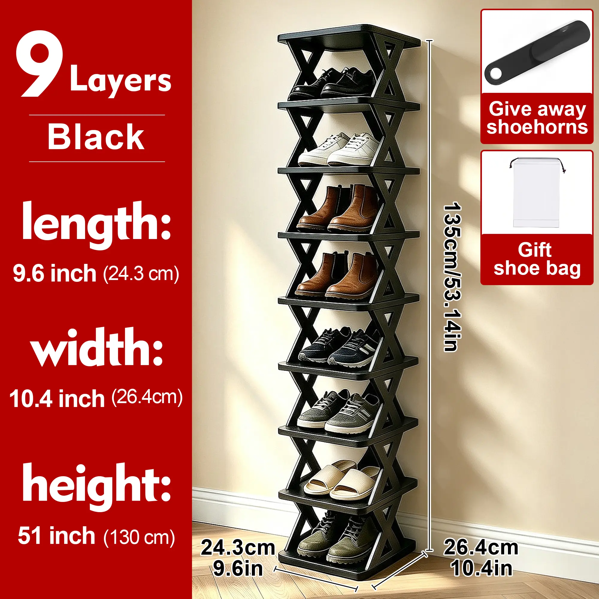 6/9-Tier Narrow Corner Shoe Rack, Space Saving Sturdy Plastic Storage Shelf, Tool-Free Snap-On Assembly, Waterproof Stable Multi-Purpose Shoe Storage Organizer for Entryway, Closet & Living Room, Room Decor, Clearance Furniture