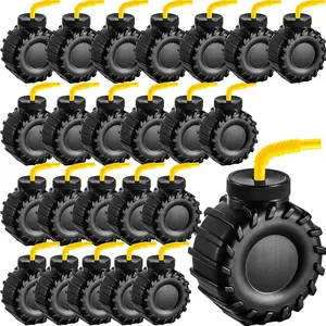 24 pieces 12 oz construction truck cups set truck construction cups with orange straw birthday party supplies plastic for kids party decoration