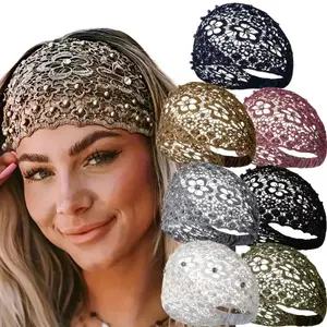 7pcs Set for women: Rhinestone & Bead-Edged Lace Headbands with Wide Elastic - Solid Color Hair Wraps to Cover Gray/ Hair, Vintage Bohemian Hairpieces for Wedding, Party, Daily Wear - Elegant Hair Gift Set
