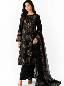 Women's Pakistani 3-Piece Black Floral Embroidered Salwar Kameez Dress Set with Dupatta, Large Womenswear Traditional