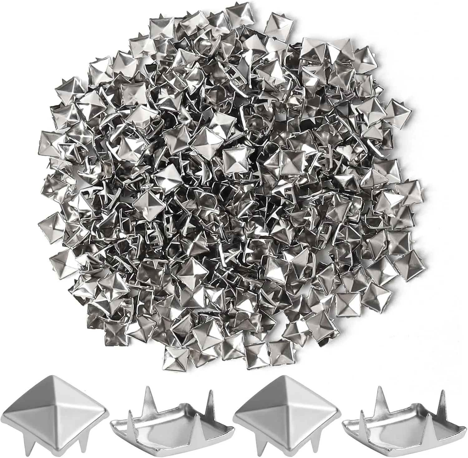 1000 Pcs 10 mm Pyramid Studs Silver Studs,Studs for Clothing Four-jaw Square Spikes for Crafts Leather Jacket Bag