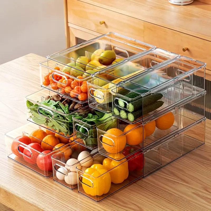 9 Pack Stackable Refrigerator Organizer Bins Pull-Out Drawers for Fruit and Veggies Storage Organizer for Fridge Clear Drawer Containers with Handle Divided Organization for Produce Saver