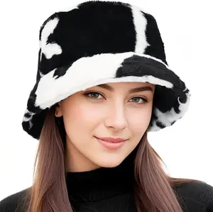 Faux Fur Winter Bucket Hat for Women Men,Women's Furry Fisherman Cap for Casual、 Trips、Sports、Skiing Black