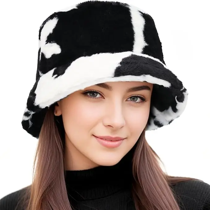 Faux Fur Winter Bucket Hat for Women Men,Women's Furry Fisherman Cap for Casual、 Trips、Sports、Skiing Black Leopard Vintage Hat Minimalist Headwear