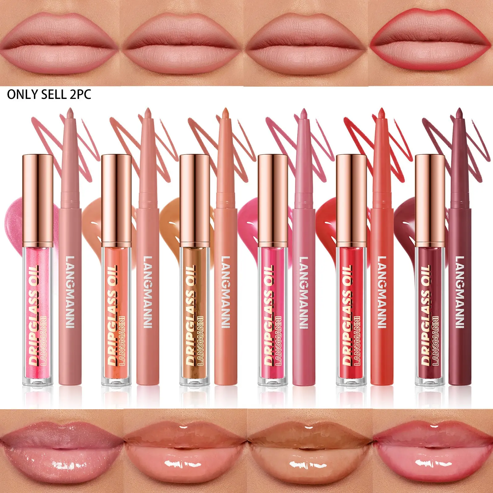 2-in-1 lip gloss lipliner set Beauty Lipstick durable, lightweight, waterproof, anti smudge, non staining, matte, smooth, easy to apply, natural makeup effect Soft Lips Liquid lip Glossy Lip Balm