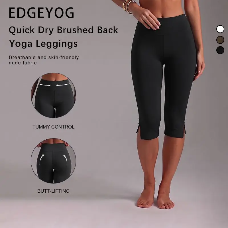 EDGEYOG Women's Sporty Chic Basics Knitting Elastane Solid Color Fold-Waist Slim 3/4 Length Capri Pants, Summer Casual Sports Leggings for Yoga, Pilates, Note: Do Not Dry Clean, Gym Fitness Sportswear, Athleisure Style Bottoms Fitness Bottoms Activewear F