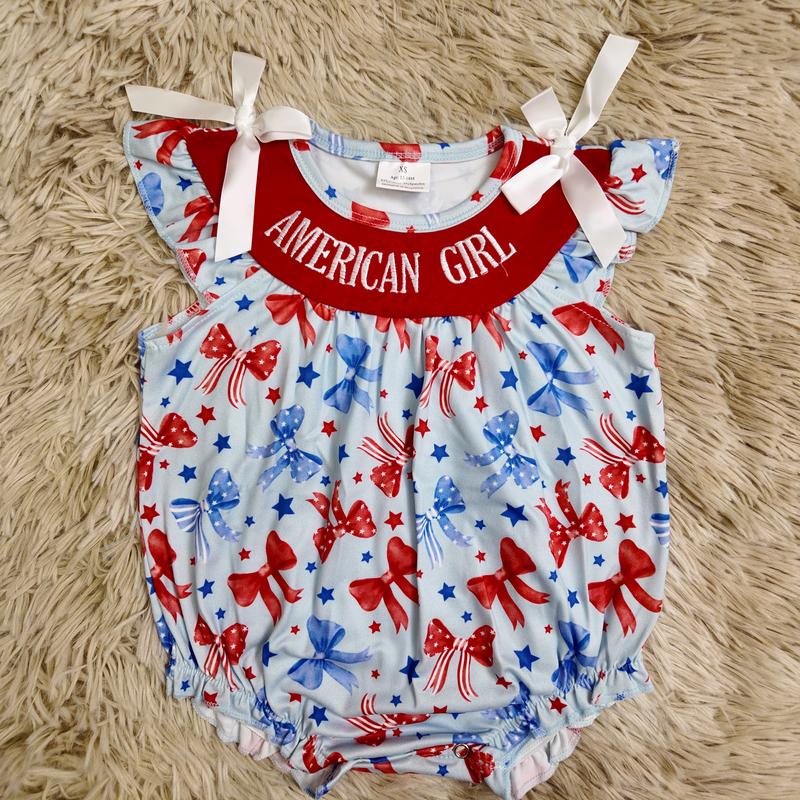 Red blue bows printed American Girl embroidery bubble 4th of july baby romper