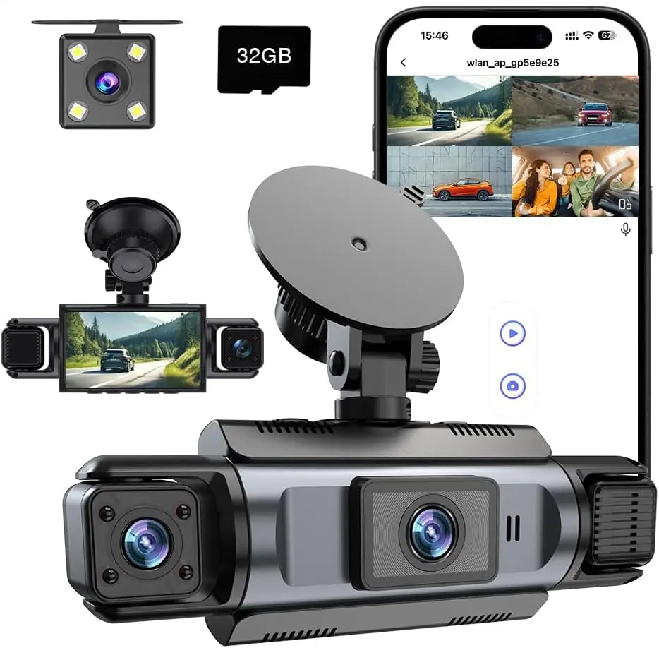 4 Channel WiFi Dash Cam with 32GB Card 4 1080P Front Rear Left Right Cameras 3 IPS Screen 360 Surveillance APP Control 24H 7 Parking Mode Night Vision G Sensor