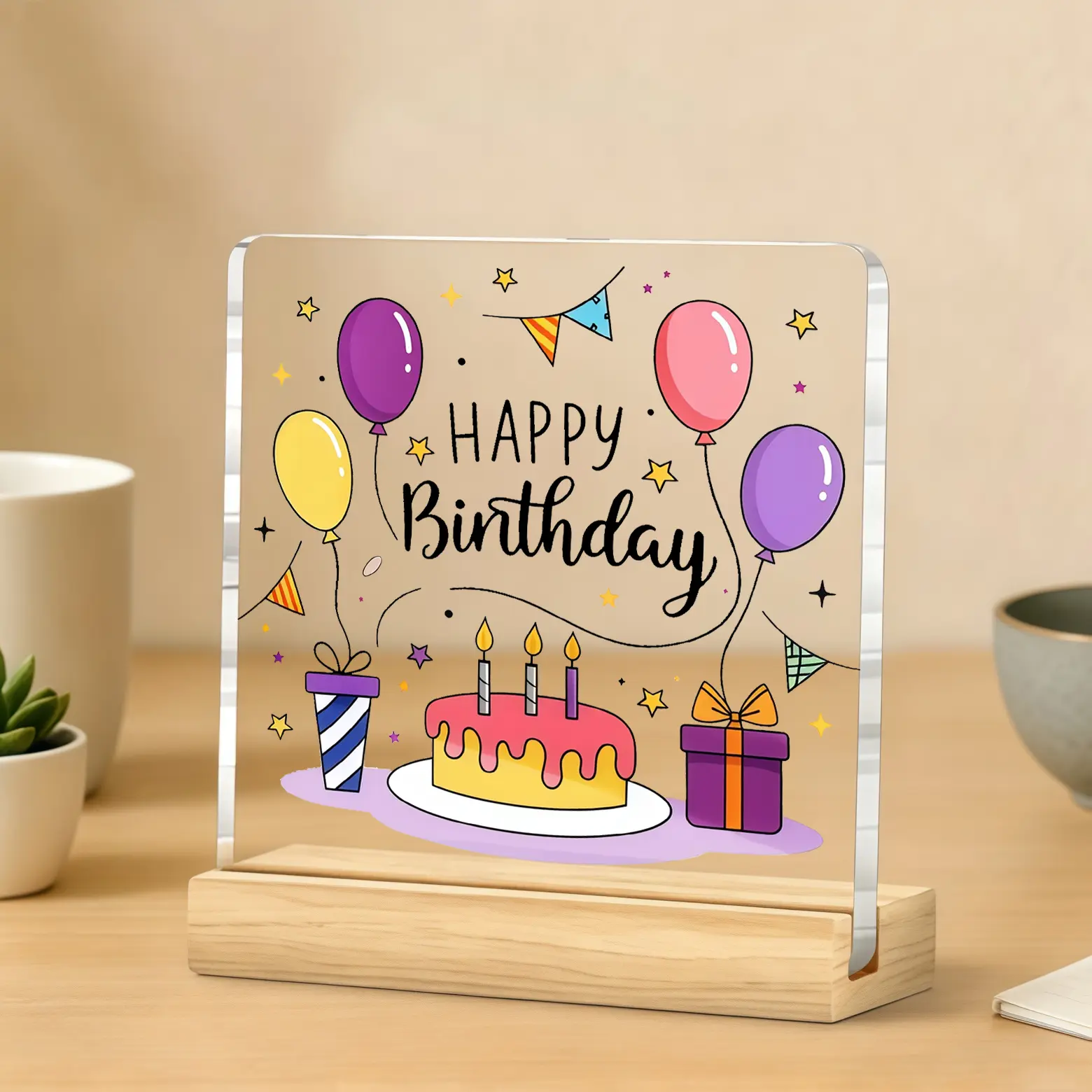 Happy Birthday Cake Balloon Gift Box Acrylic Desk Sign With Wooden Stand, Birthday Party Tabletop Plaque, Home Table Decor, Birthday Gift For Friends Family