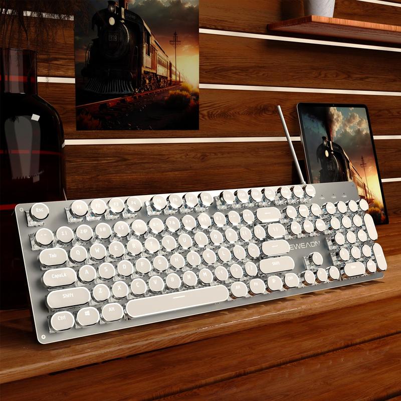 EWEADN TK100 Punk Typewriter Mechanical Gaming Keyboard, Mechanical Keyboards, All-metal Panel 104Keys Wired Retro Punk Keyboard, with White Backlit USB Wired Keyboard