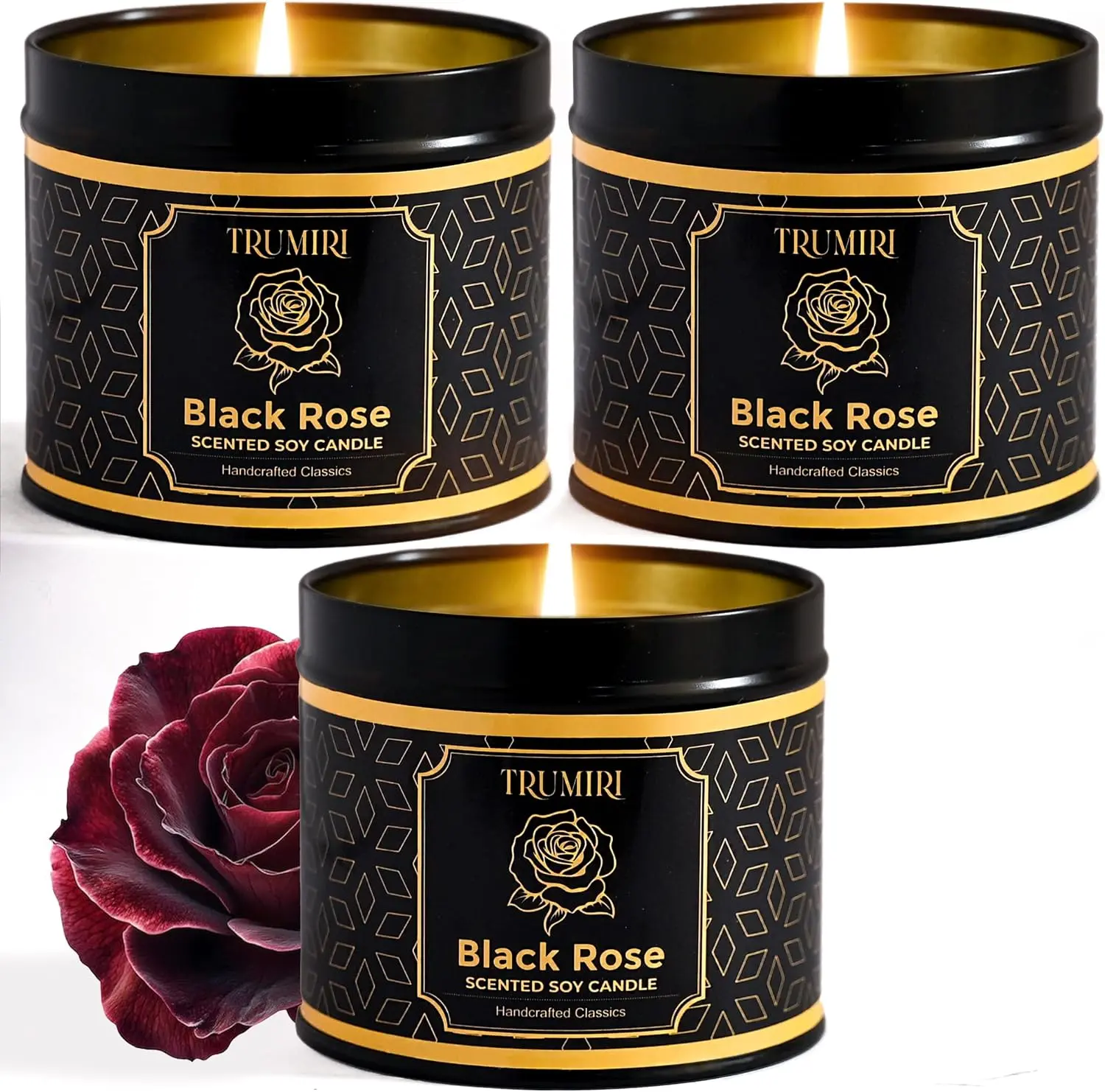 Black Rose Candle Strong Scented Soy Candel Clean Non Toxic Velas Aromáticas Gift for Women 5Oz Decorative Tin Jars with Lids Pack of 3