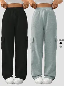 Women's Solid Flap Pocket High Waist Straight Leg Pants, Casual Elastic Waist Pocket Trousers for Daily Wear, Ladies Bottoms for Summer