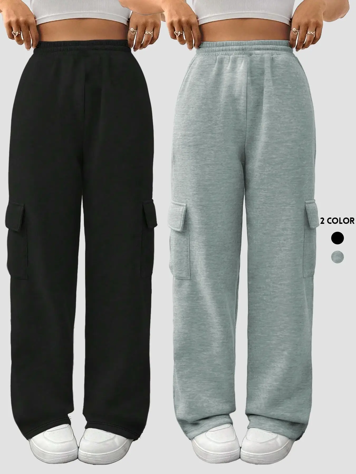 Women's Solid Flap Pocket High Waist Straight Leg Pants, Casual Elastic Waist Pocket Trousers for Daily Wear, Ladies Bottoms for Summer