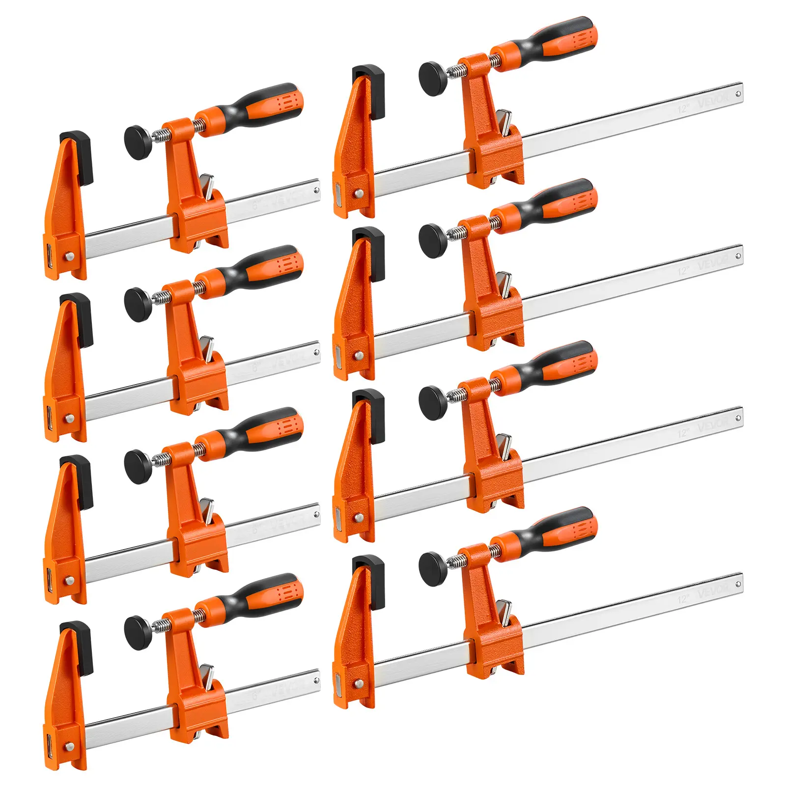【summerfinds】VEVOR Heavy Duty F Bar Clamps for Woodworking, 8-Pack (6" & 12"), 600 lbs Clamping Force, Malleable Iron-Carbon Steel, Ergonomic Handle, Raised End Stop, Plastic Pad, Self-Locking, Wood Working Tools
