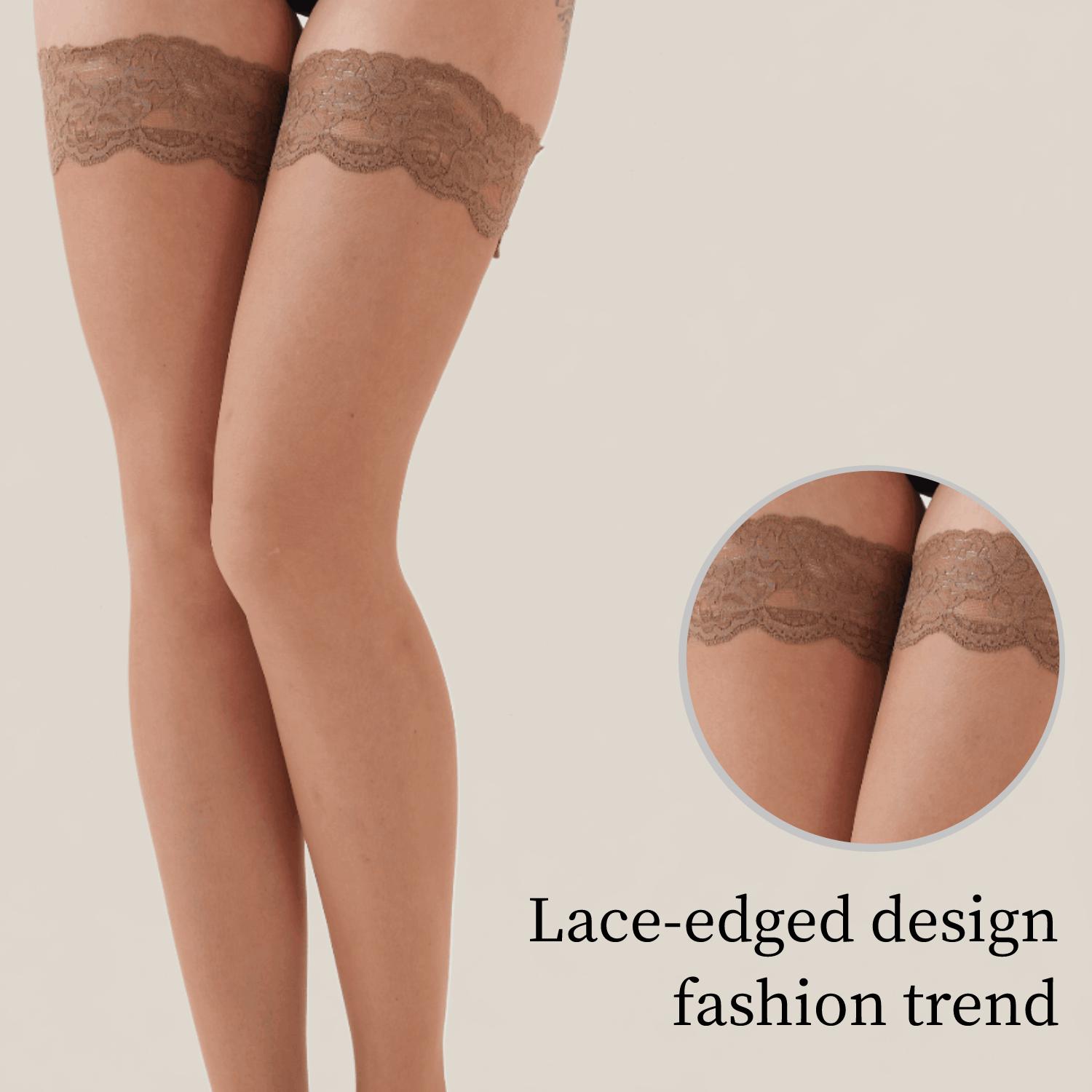 20D Silicone Lace Thigh High Stockings, Natural Skin Tone, One Size, 3 Pairs Pack Womenswear