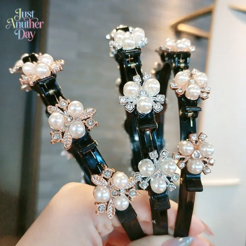 Flower & Pearl Hair Braiding Headband, All-in-One Bangs Fixing Hair Clip, Lazy Styling Hairband for Women