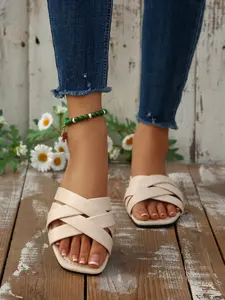 Women's Flat Square Toe Cross-Over Braided Slip-On Shoes, Comfortable Outerwear Footwear, Stylish and Practical Design for Daily Wear