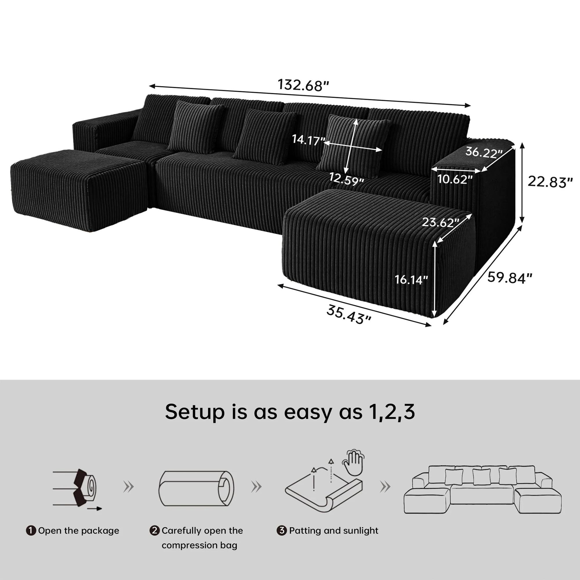 [3 or 2 Packages Shipped] [sectional sofa couch] Niccae U-shaped Modular Sectional Sofa, Compressed Corduroy Fabric, Modern Style Living Room Sofa Bed, Space-Saving Recliner Design - Convertible Corduroy Sectional Sofa