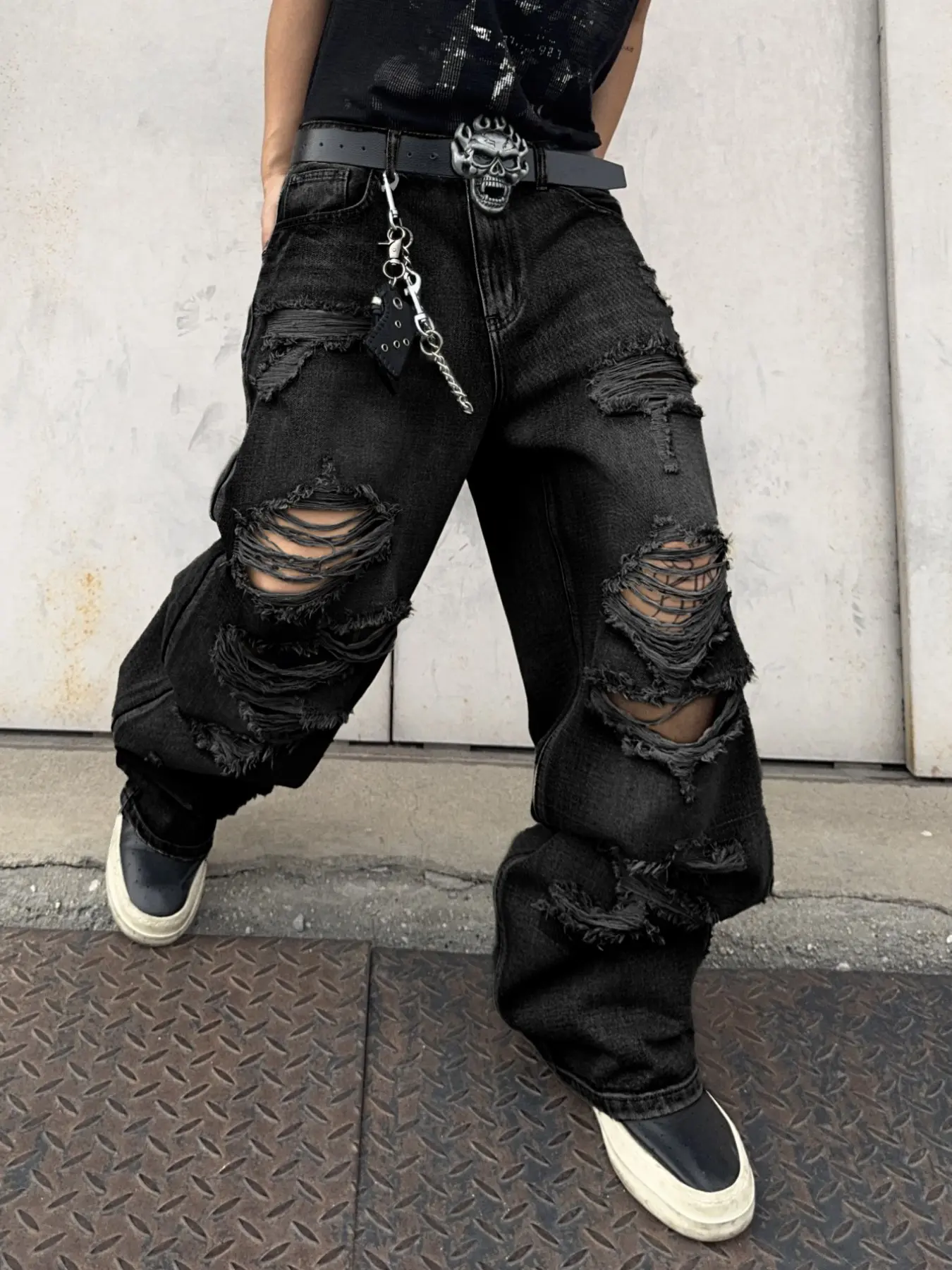 Men's Ripped Distressed Denim Loose Fit Wide Leg Jeans, American Street Y2K Style, Casual All-Season Wear, Multiple Sizes Available, No Belt Included