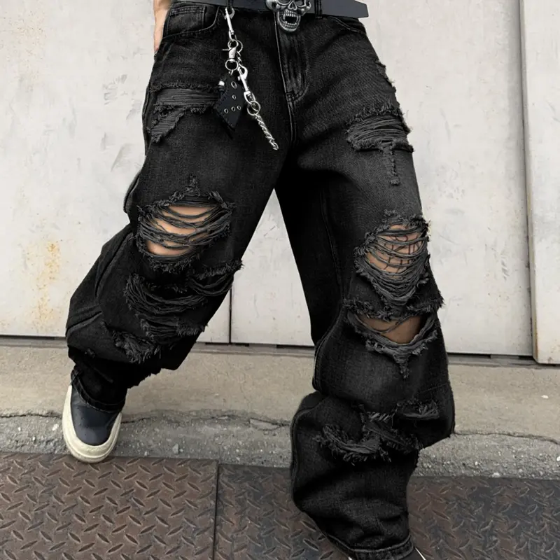 Men's Ripped Wide Leg Jeans, Skater Denim Jeans, American Streetwear Y2K Style, Casual Daily Wear, Multiple Sizes Available, No Belt Included
