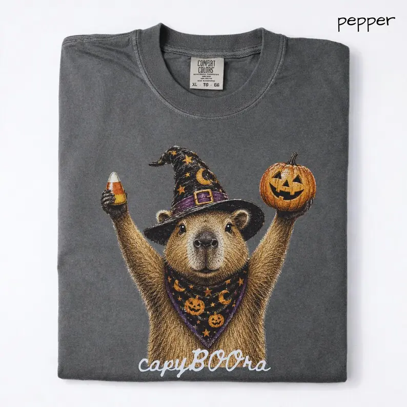 CapyBOOra Comfort Colors Shirt, Cute Halloween Capybara Graphic Tee, Funny Witch Capybara T-Shirt, Spooky Season Fall Apparel