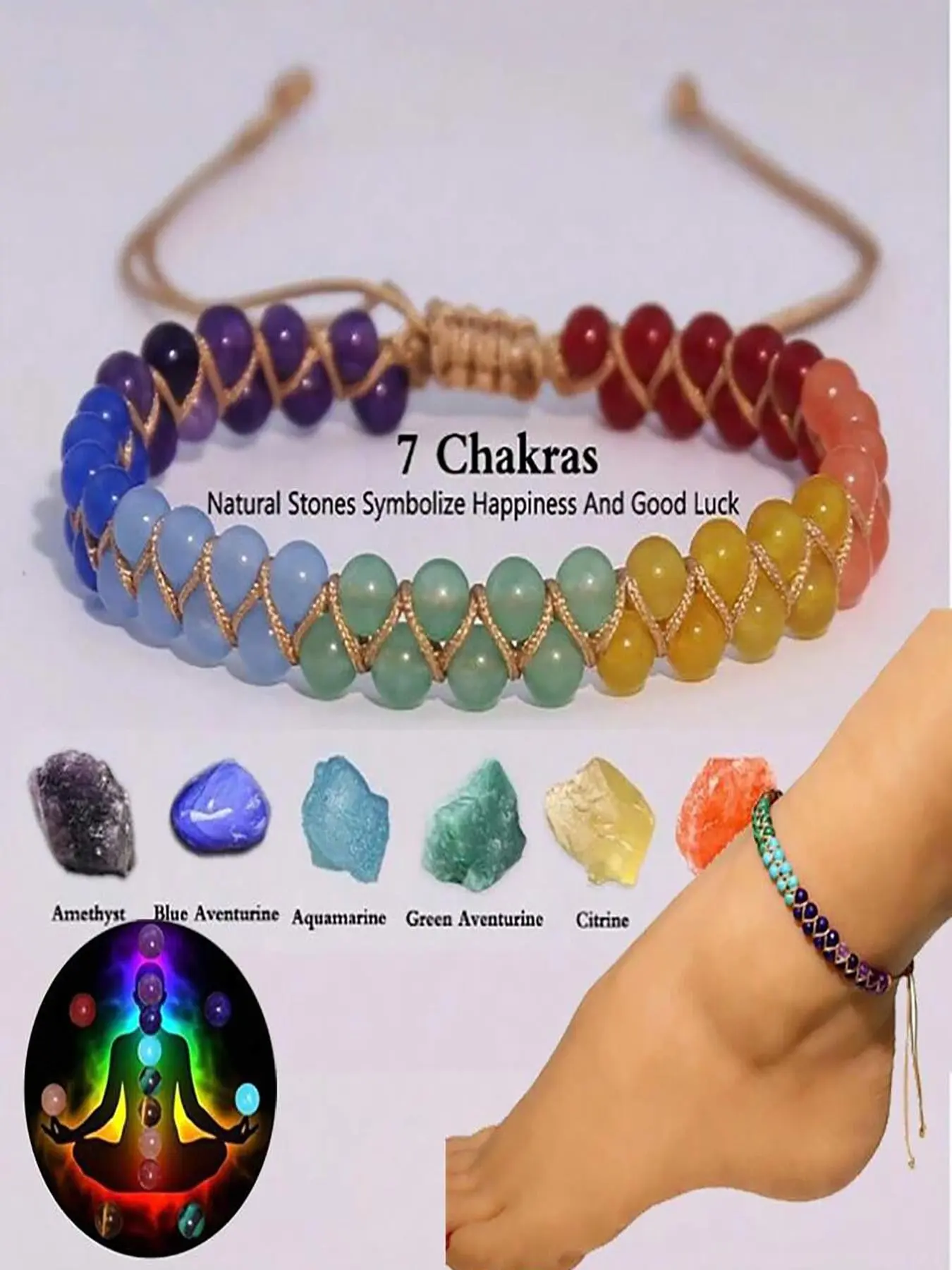 1pc 7 Chakras Bracelet & Anklet for Women, Lapis Lazuli, Amethyst & Carnelian Beaded Crystal Jewelry, Yoga, Meditation, Energy Healing, Chakra Healing Crystals