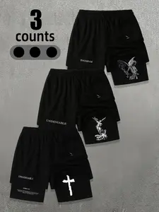Men's Letter Cross Angel Print Street Athletic Shorts Set, Streetwear 3 Piece Casual Fitted Drawstring Waist, Drawstring Sports Shorts, Short Pants for All Seasons, Graphic Track Shorts