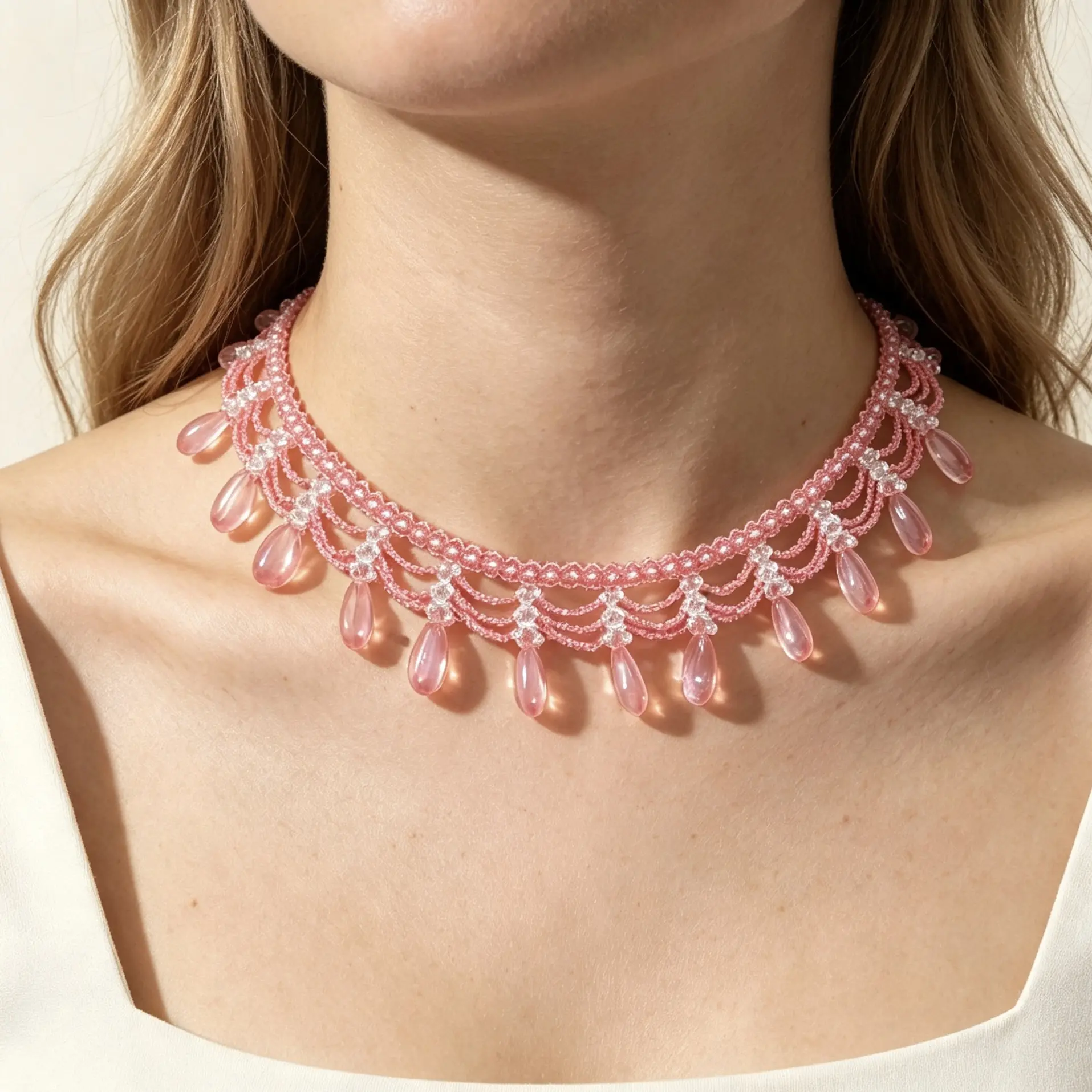 Women's Handmade Cherry Red Beaded Choker Necklace - Non-Natural Crystal Teardrops Collar Jewelry for Party, Daily Wear