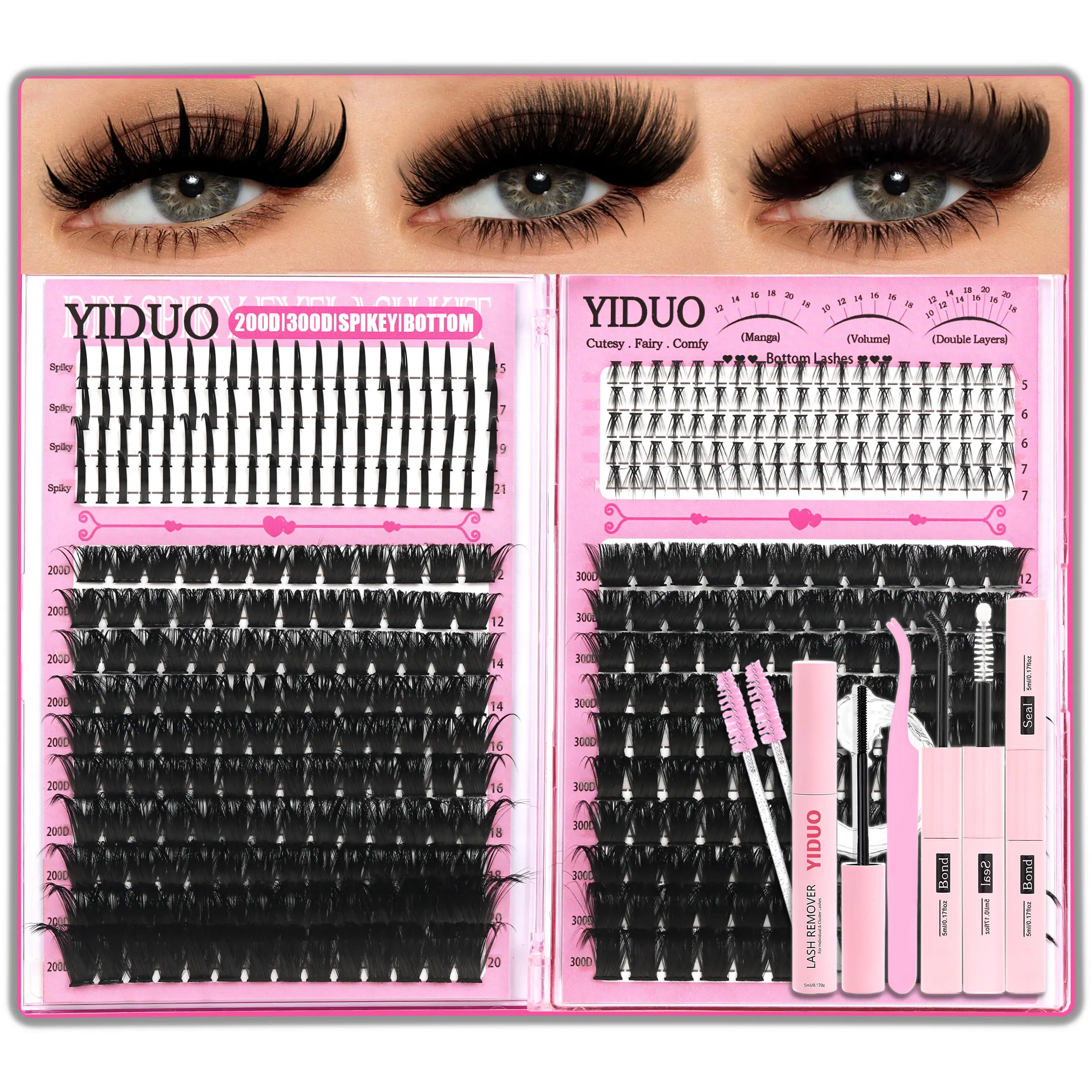 420Pcs Eyelash Cluster Kit Makeup Bottom/Spiky DIY Lash Spikes/200D/300D Volume Lash Clusters Kit 5-20mm Volume D-Curvature Eyelash Extensions Kit with Lash Bond and Seal Brush Tweezers Remover DIY Lash Tools Tweezer Included at Home Easily